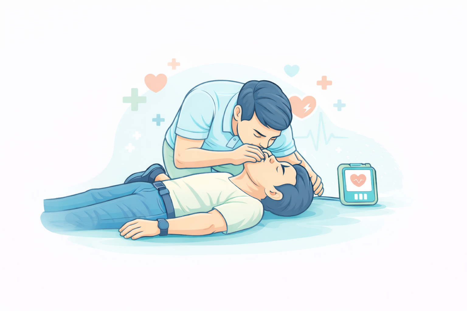 Illustration showing mouth-to-mouth rescue breathing with nose pinched and a proper seal