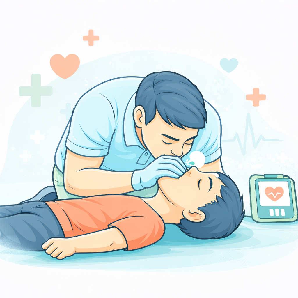 Illustration showing mouth-to-mouth rescue breathing for a child