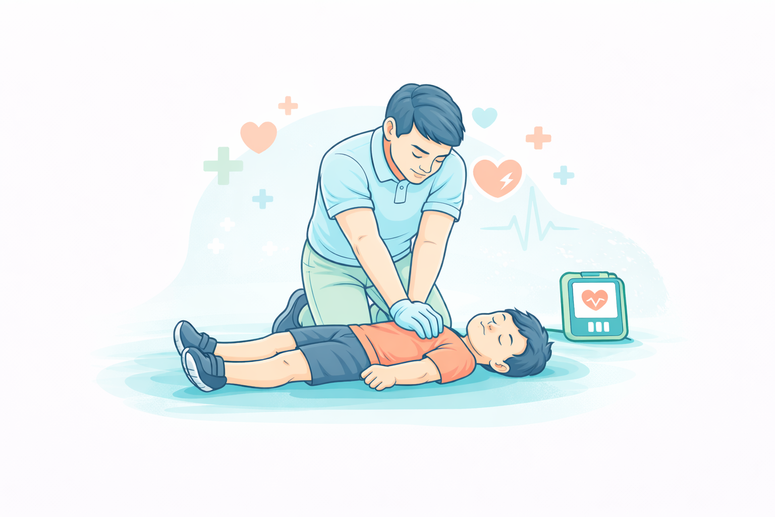Illustration showing correct hand placement for child CPR chest compressions